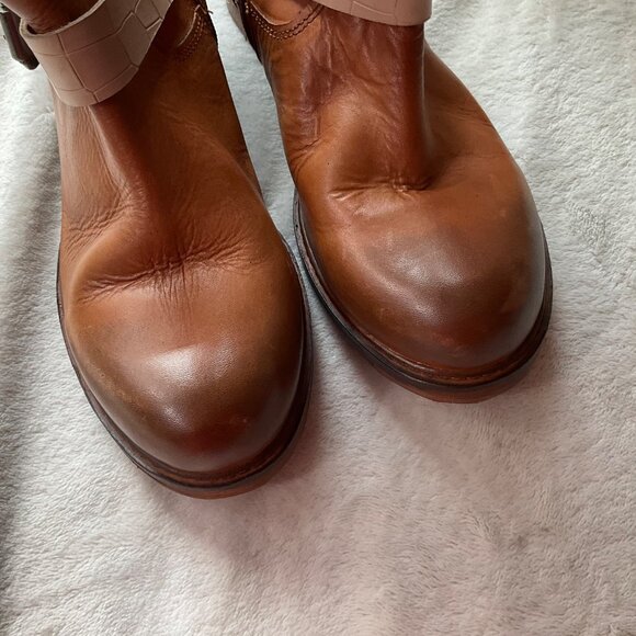 Tan Leather Combat Boots with Shearling Cuff - Picture 7 of 15